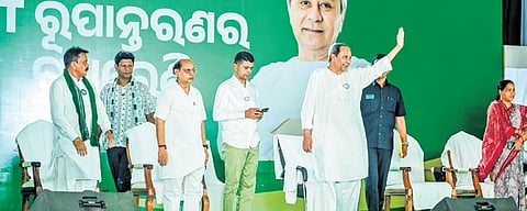 Naveen waving at the gathering in Sambalpur on Friday 