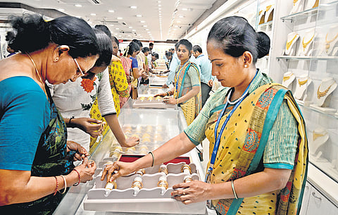 People purchasing gold ornaments on the occasion of Akshaya Tritiya at a jewellery shop in T Nagar