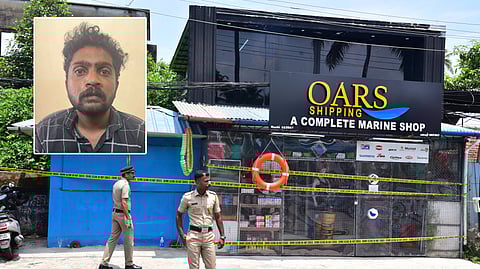 Police security in front of the crime site at Thoppumpady near Fort Kochi, Kerala.