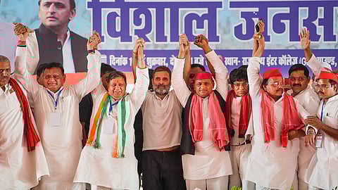 Congress leader Rahul Gandhi, Samajwadi Party (SP) chief Akhilesh Yadav, Congress candidate from Kanpur constituency Alok Misra and others during an election rally for the Lok Sabha polls, in Kanpur.