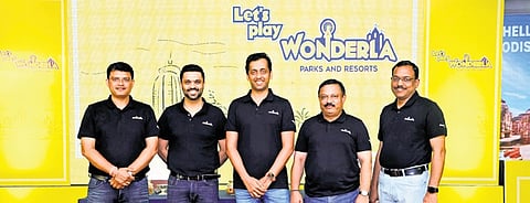 MD of Wonderla Holidays Arun K Chittilappilly flanked by Bhubaneswar park head Kalpataru Nayak, COO Dheeran Choudhary, president Sivadas M and VP Ajikrishnan AG