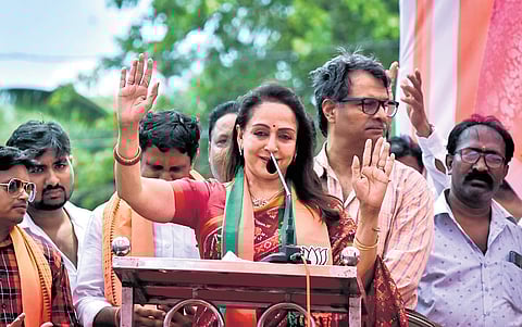 BJP MP and Bollywood celebrity Hema Malini addresses a public meeting at Salia Sahi in Bhubaneswar