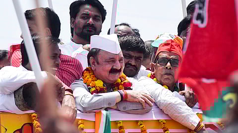 Congress candidate from Amethi constituency Kishori Lal Sharma with other leaders of the INDIA alliance during a roadshow before filing his nomination, ahead of the third phase of Lok Sabha elections.