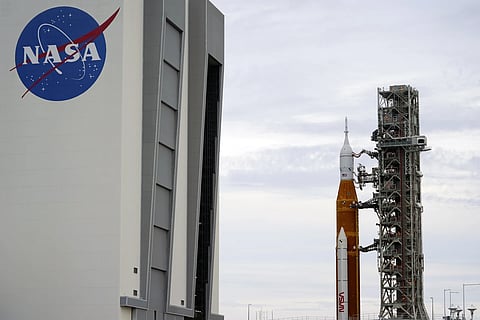 The NASA moon rocket rolls back to the Vehicle Assembly Building at the Kennedy Space Center, Sept 27, 2022, in Cape Canaveral, Fla.