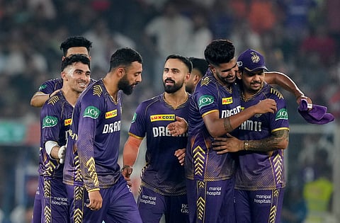 Kolkata Knight Riders players celebrate a wicket during the IPL match against Sunrisers Hyderabad at the Narendra Modi Stadium in Ahmedabad (Photo | PTI)