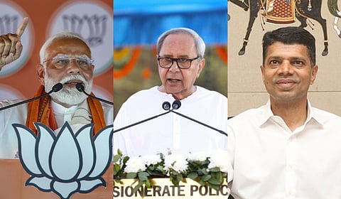 (L to R) A collage of Prime Minister Narendra Modi, Odisha Chief Minister Naveen Patnaik and 5T chairman VK Pandian.