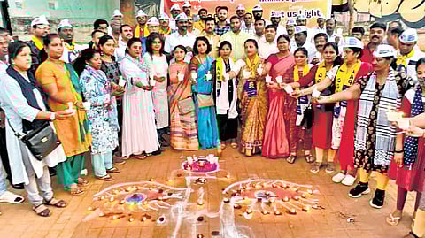 Members of various women’s organisations stage a protest demanding the arrest of Hassan JDS MP Prajwal Revanna in the sexual harassment case, at Freedom Park in Bengaluru on Saturday.