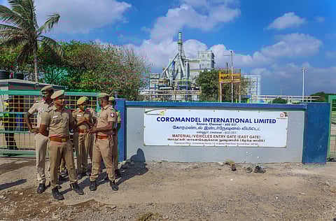 Police personnel stand guard outside a plant of Coromandel International Ltd, a fertilizer manufacturing company, after an incident of ammonia gas leakage at the factory, at Ennore in Chennai district, Wednesday, Dec. 27, 2023.