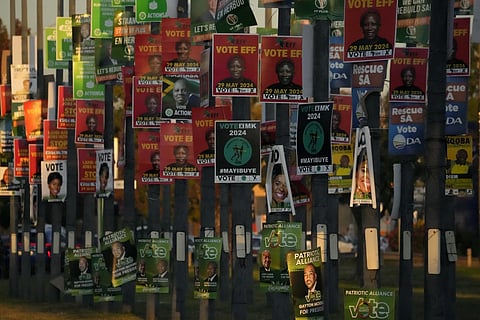 An array of election posters from various political parties are displayed on poles in Pretoria, South Africa, Thursday, May 16, 2024.