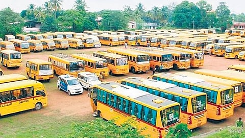 An aerial view of school and college buses waiting for the vehicle test