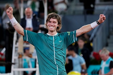 Andrey Rublev, of Russia, celebrates after winning the final match against Felix Auger-Aliassime, of Canada, at the Madrid Open tennis tournament on May 5, 2024.