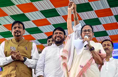 TMC supremo and West Bengal CM Mamata Banerjee during a public meeting for Lok Sabha polls, in Bashirhat, Tuesday, May 21, 2024. 