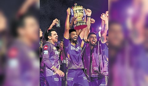 Kolkata Knight Riders’ captain Shreyas Iyer lifts the IPL trophy on Sunday in Chennai. This is KKR’s 3rd IPL title after 2012 & 2014
