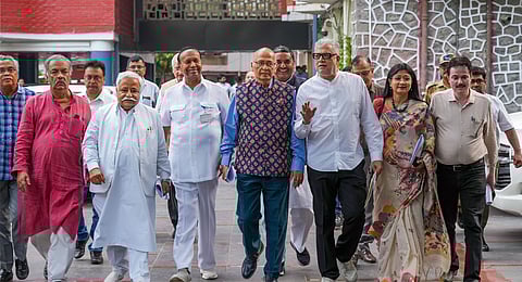 Congress leader Abhishek Manu Singhvi, TMC leader Derek O'Brien, Jharkhand Mukti Morcha (JMM) leader Mahua Maji, DMK leader TR Baalu and other members of the INDIA bloc delegation leaves after a meeting with the Election Commission of India (ECI) at Nirvachan Sadan, in New Delhi, Friday, May 10, 2024.
