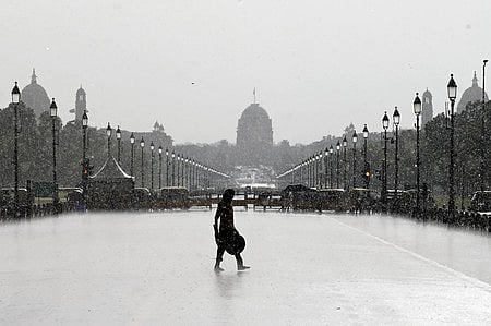 A small bout of rain hits the Kartavya Path amid a harrowing heatwave on May 29, 2024, in New Delhi.
