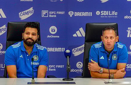 Mumbai: Indian cricket captain Rohit Sharma and BCCI Chief selector Ajit Agarkar address a press conference in Mumbai, Thursday, May 2, 2024. (PTI
