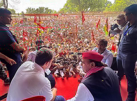 Congress leader Rahul Gandhi and Samajwadi Party Chief Akhilesh Yadav during a public meeting for Lok Sabha polls, in Phulpur, Sunday, May 19, 2024. 