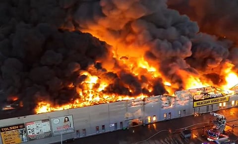Drone footage of the massive fire that broke out in the Bialoleka district of Poland's capital