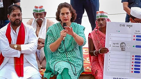 Congress leader Priyanka Gandhi Vadra addresses an election rally for Lok Sabha elections.