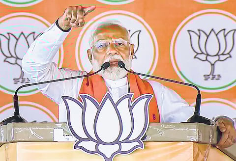 Prime Minister Narendra Modi addresses an election campaign in Dumka district of Jharkhand on Tuesday.