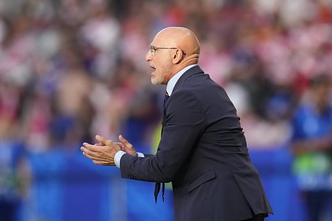 Spain's head coach Luis de la Fuente gives instructions during a Group B match between Spain and Croatia at the Euro 2024 soccer tournament in Berlin, Germany, Saturday, June 15, 2024.