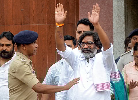 Former Jharkhand chief minister Hemant Soren comes out of Birsa Munda Central Jail upon his release after Jharkhand High Court granted him bail in a money laundering case linked to a land scam, in Ranchi.