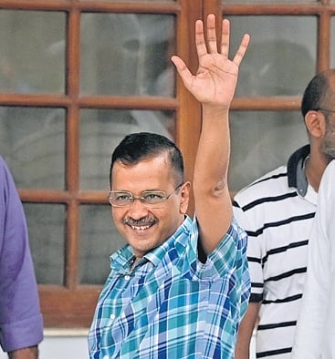 CM Arvind Kejriwal at the INDIA bloc meet at Congress chief Mallikarjun Kharge’s residence on Saturday