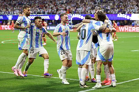 Argentina's forward Lautaro Martinez celebrates scoring his team's second goal with teammates during the Conmebol 2024 Copa America tournament group A football match between Argentina and Canada on June 20, 2024.