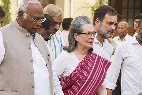 Congress President Mallikarjun Kharge with party leaders Sonia Gandhi, Rahul Gandhi and others during the Congress Parliamentary Party meeting, at the Parliament, in New Delhi, Saturday, June 8, 2024.
