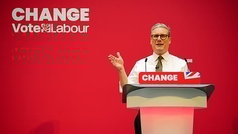 Britain's Labour Party leader Keir Starmer speaks on stage at the launch of the Labour Party's 2024 general election manifesto in Manchester, England, on Thursday, June 13, 2024.