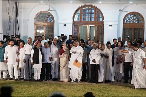 INDIA bloc leaders come out after the meeting at Kharge's residence in New Delhi on Wednesday.