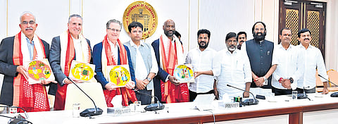 Chief Minister A Revanth Reddy and his Cabinet colleagues during a meeting 
with the representatives of Lockheed Martin in Hyderabad on Tuesday