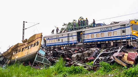 Wreckage of trains a day after the collision between the Kanchanjunga Express and a goods train near Rangapani railway station, Tuesday, June 18, 2024.