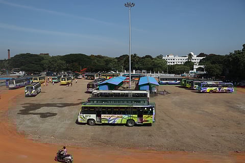 Buses operated from the temporary bus stand opened at AFT Ground, Puducherry, on Sunday. 