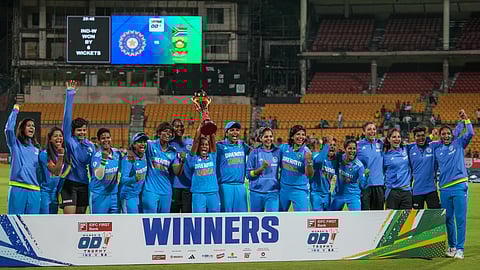  Indian team celebrate after winning the ODI series 3-0 on Sunday