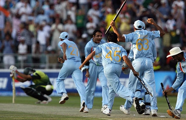 Indian players celebrate after beating Pakistan in the final of the 2007 ICC T20 World Cup in Johannesburg, South Africa.