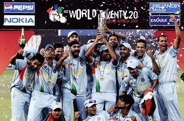Indian players celebrate with the world cup trophy after beating Pakistan in the final of the 2007 ICC T20 World Cup in Johannesburg, South Africa.