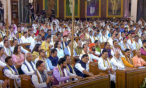 Newly elected MPs of National Democratic Alliance (NDA) and other leaders during the NDA parliamentary party meeting at Samvidhan Sadan, in New Delhi, Friday, June 7, 2024.