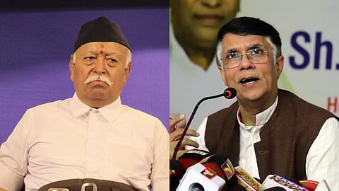 A collage of RSS Chief Mohan Bhagwat (L) and Congress spokesperson Pawan Khera.