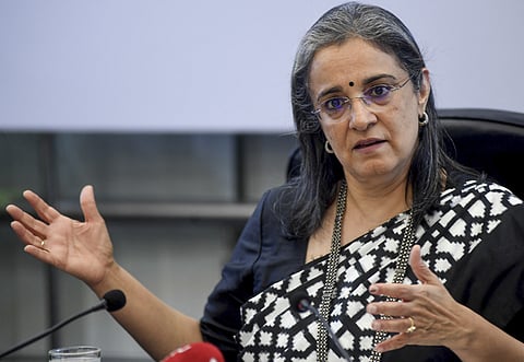 Securities and Exchange Board of India (SEBI) chairperson Madhabi Puri Buch speaks at the Global Fintech Fest (GFF) in Mumbai on Sep 6, 2023.