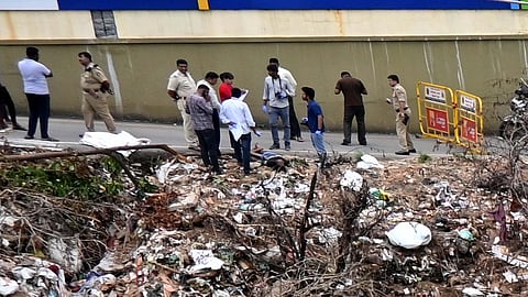 Police search the spot where S Renukaswamy’s body was recovered, in Bengaluru 
on Sunday.