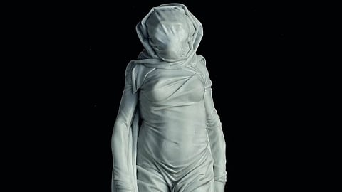 A marble sculpture titled “Santa Lucia” carved in 2019 based on a scientific reconstruction of Lucy, the Australopithecine.