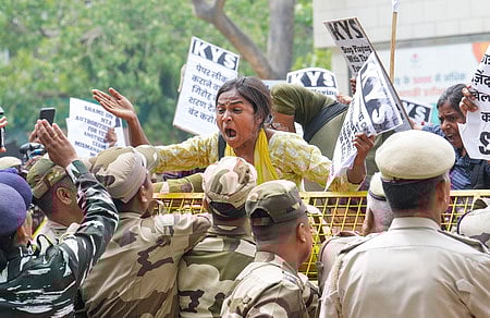 New Delhi: Students during a protest over the NEET-UG and UGC-NET examinations issue, in New Delhi, Thursday, June 20, 2024.