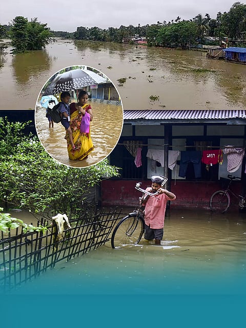 A woman walks through a flooded area following rains, at Kampur, in Nagaon district, Assam