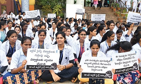 B.Sc Allied Health students protest in front of the Gandhi Medical College in Secunderabad on Thursday after an unusually high number of  pupils failed to clear the exam
