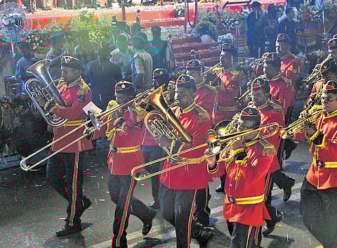 Band members perform during the Telangana Formation Day celebrations on Tank Bund in Hyderabad on Sunday 