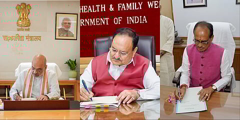 Top BJP leaders Amit Shah, J P Nadda and Shivraj Singh Chouhan taking charge of office as cabinet ministers. 