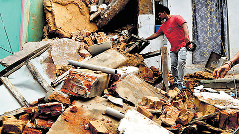 The remains of a collapsed building at One Town in Vizag 