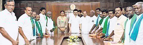 Members of various farmers’ associations from the delta region with Chief Minister MK Stalin on Thursday 