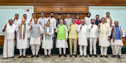 Prime Minister Narendra Modi with NDA alliance partners including TDP supremo Chandrababu Naidu and Bihar CM Nitish Kumar after the alliance meeting on June 5, 2024.